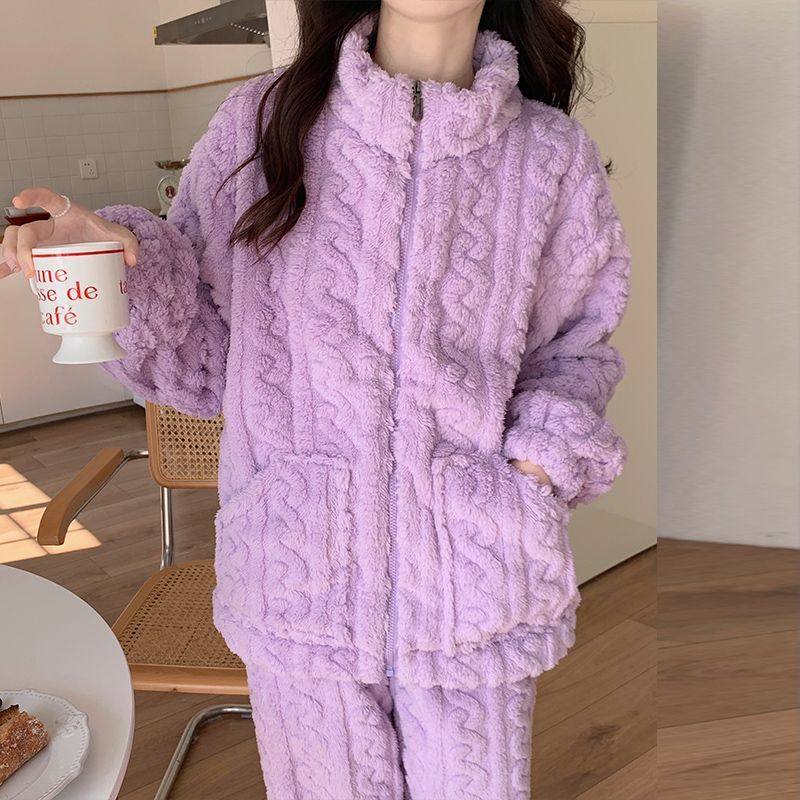 睡衣女冬季法兰绒拉链开胸套装