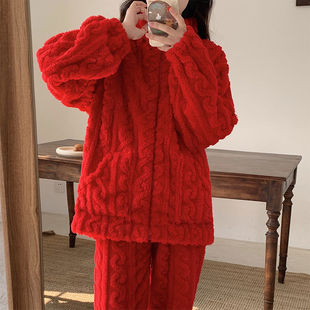 冬季睡衣女珊瑚绒加厚保暖套装开胸拉链网红新款韩版可爱家居服