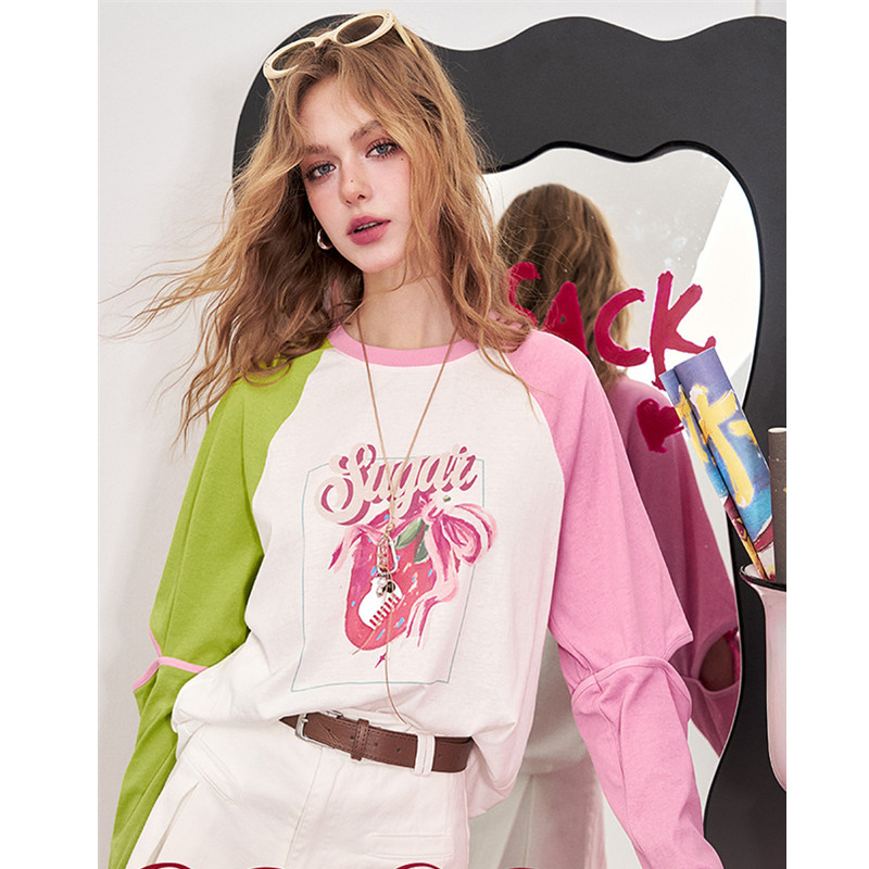 妖精的撞色印花长袖t恤女2025春夏新款宽松显瘦休闲小众上衣