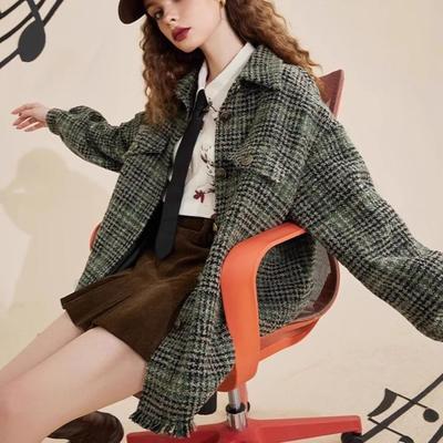 妖精的小香风毛呢外套女2025秋冬季新款中长款小个子粗花呢外套