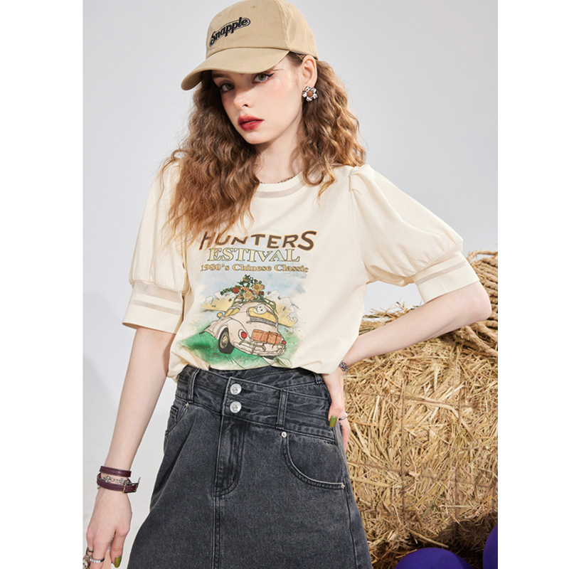妖精的美式复古印花短袖t恤女2025春夏新款宽松BM风百搭上衣