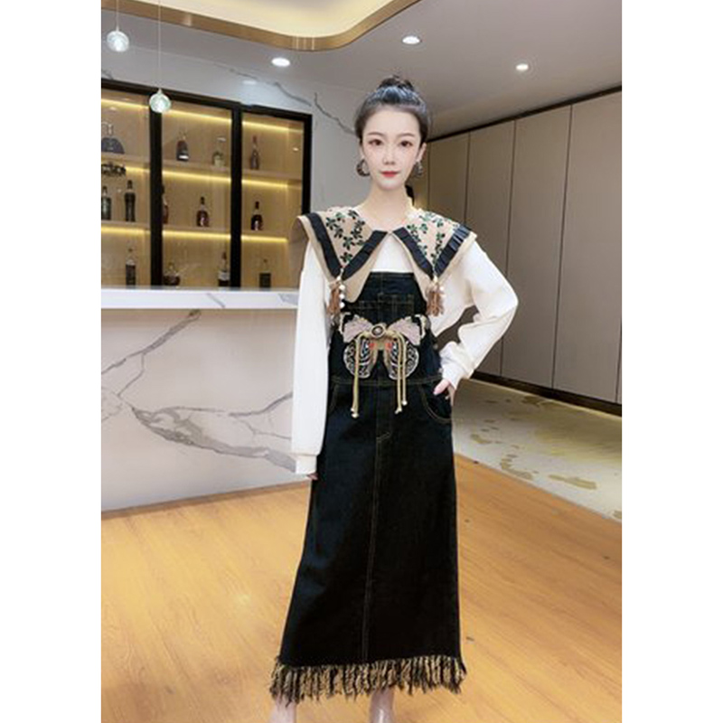 时尚荷叶边卫衣女2023年秋季复古牛仔背带裙套装F2331787