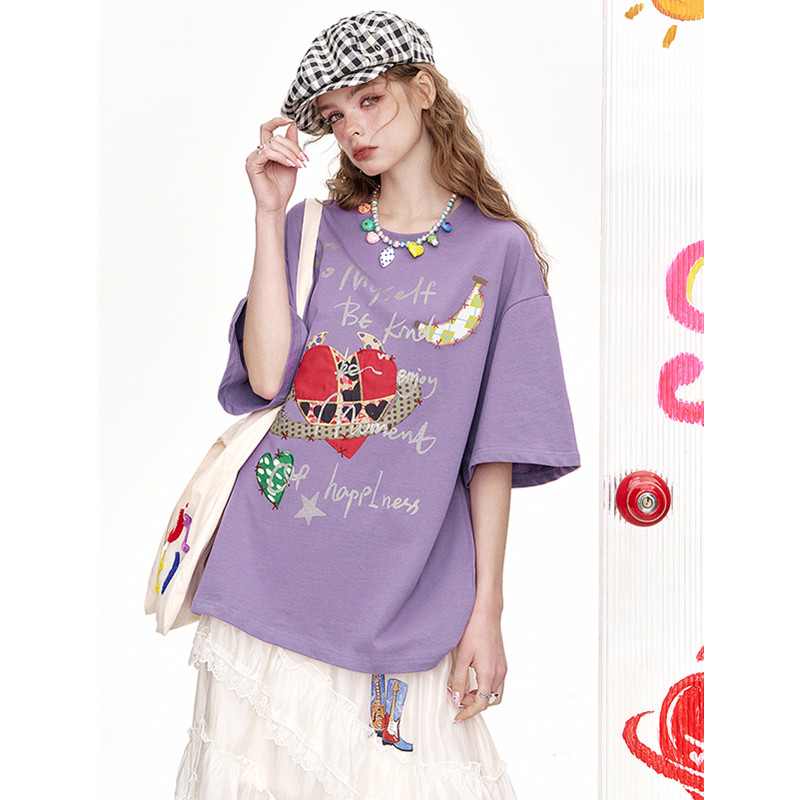 妖精的恶魔角爱心印花短袖t恤女2025夏新款重工宽松休闲上衣