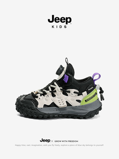 jeep儿童鞋黑色运动鞋春季2025新款皮面防水防滑旋钮童鞋男童鞋子