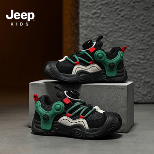 Jeep儿童运动鞋透气男童鞋子旋钮荧光跑步鞋女童防滑2025秋季新款