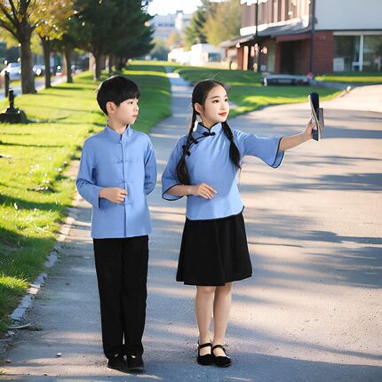 儿童中山装男女童民国服装五四青年学生装中小学生合唱表演演出服