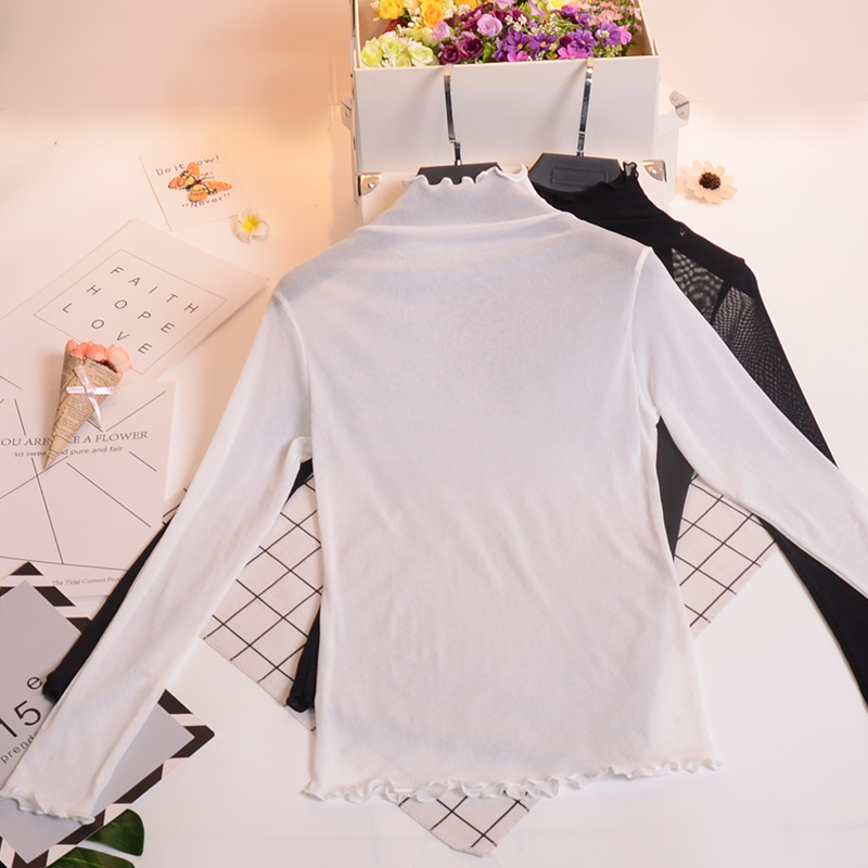 女纯色网纱高领长袖打底衫垂感足