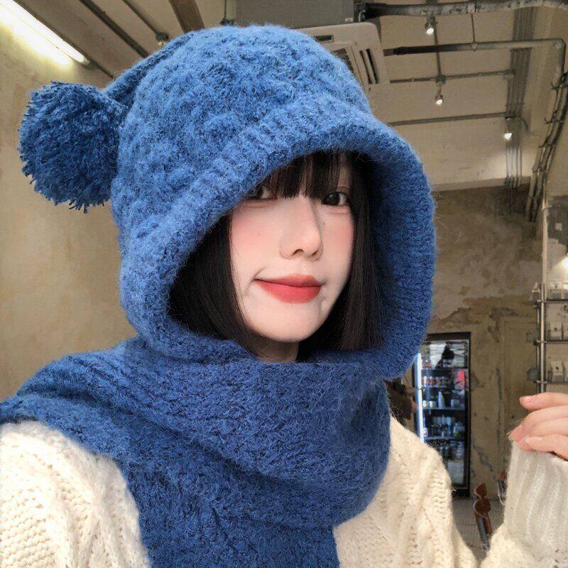 韩版可爱毛球蓝色巴拉克拉法帽女帽子