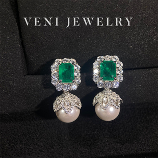 培育祖母绿珍珠耳钉耳坠925银镀18K金E44 Veni珠宝 珍珠可拆卸