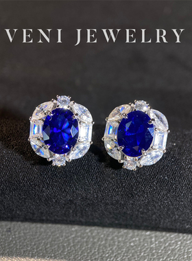 Veni珠宝 蓝色妖姬 人工培育蓝宝石耳钉925银镀18K金耳饰耳环E12