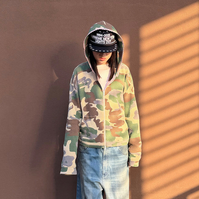 全棉华夫格印花迷彩水洗做旧连帽