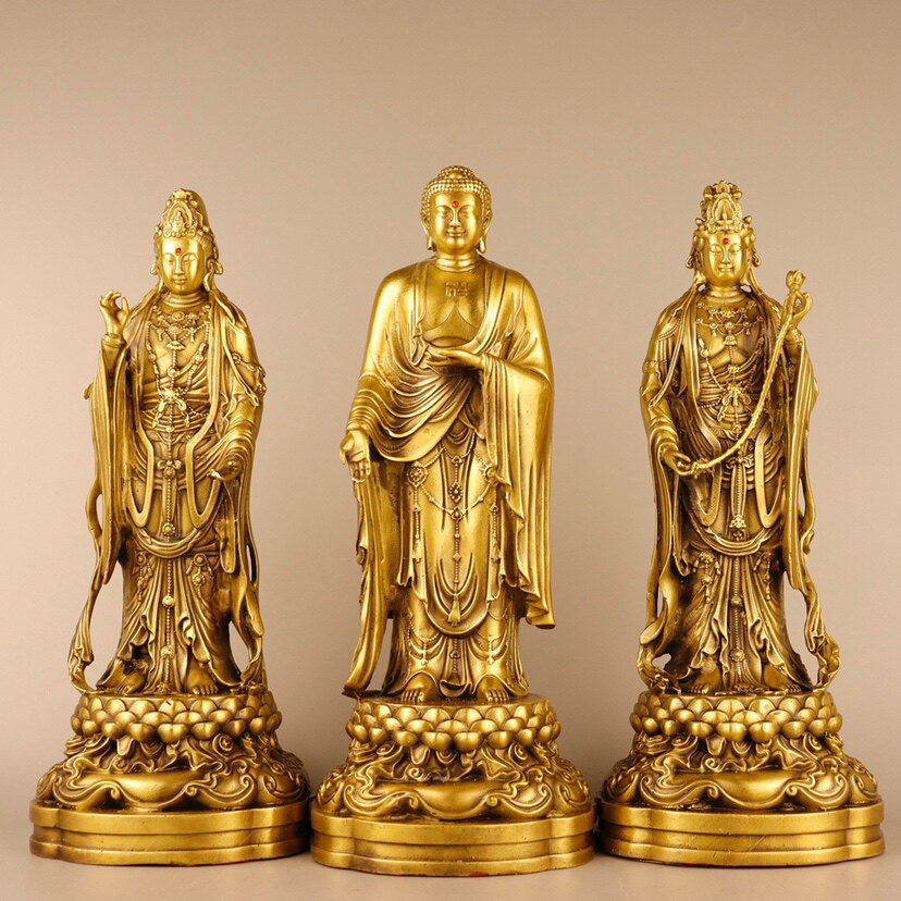 西方三圣黄铜阿弥陀佛观世音大势至菩萨观音佛像居家供奉铜像神像