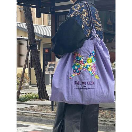 日系ball chain刺绣蝴蝶环保袋购物袋2024自制小众托特包帆布包女