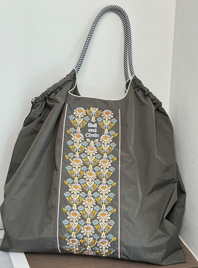 日系ball chain刺绣深灰佛朗花束环保购物袋斜挎帆布包单肩通勤包