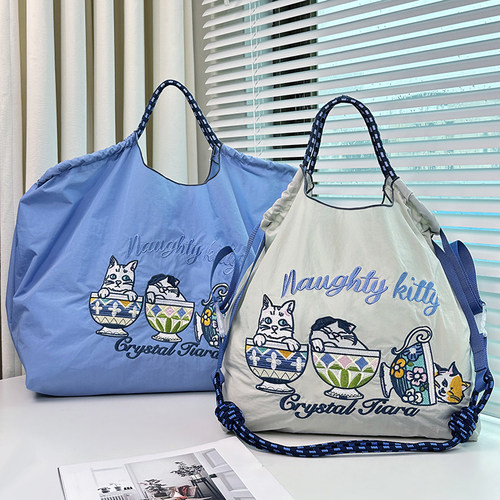 日系刺绣浅灰色茶杯猫环保袋帆布购物袋大容量通勤包女ball chain