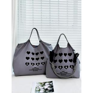 日系ball chain刺绣爱心型环保购物袋斜挎帆布包大容量单肩通勤包