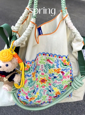 日系ball chain刺绣白色百花图环保购物袋斜挎帆布包大容量通勤包