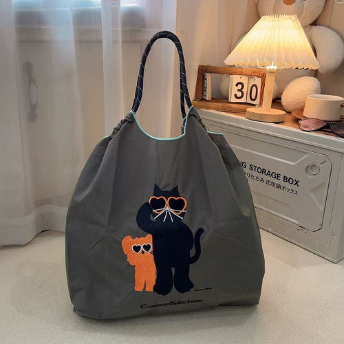 日系ball chain刺绣灰眼镜猫环保袋购物袋斜挎帆布包通勤单肩包女