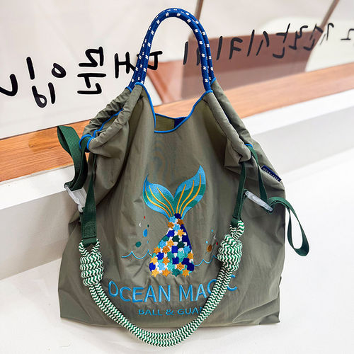 日系ball chain刺绣魔法海洋环保购物袋斜挎帆布通勤单肩包大容量