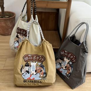 高圆圆同款包guan ball包刺绣环保袋斜挎尼龙女大容量手提购物袋