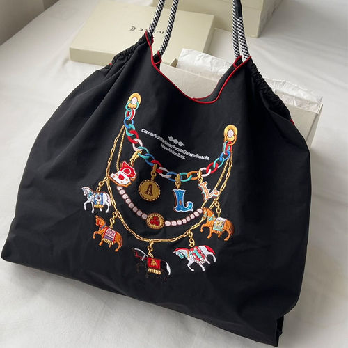 日系ball chain刺绣项链马环保袋购物袋斜挎帆布包通勤包单肩包女