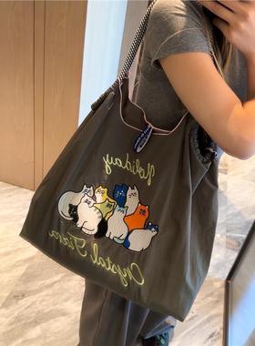 日系刺绣深灰色十只猫环保袋帆布购物袋大容量通勤包女ball chain