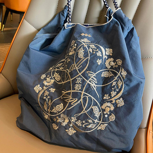 日系ball chain刺绣京都环保购物袋斜挎帆布大容量单肩腋下通勤包
