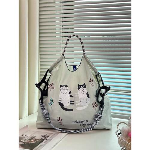 日系ball chain刺绣翻墙猫环保袋帆布包2024购物袋大容量通勤包女