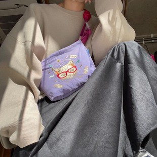 日系ball chain刺绣斜挎化妆包胸包环保袋帆布包袋腰包通勤包女包