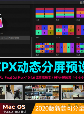 FCPX分屏插件Split Screens 四五六九十六二十屏动态画面视频素材