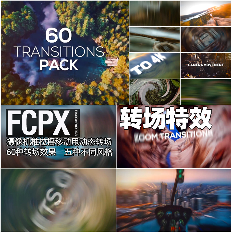 FCPX转场插件60个摄像机推拉摇移甩动态转场支持M1