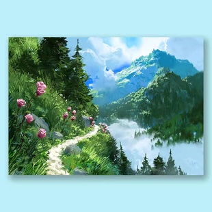 小清新画风山林花草绿意盎然墙面客厅装饰漫画海报画ins小众文艺