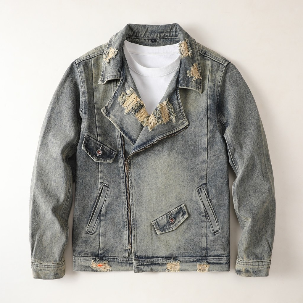 新款大码秋冬季休闲夹克男美式复古上衣翻多口袋牛仔外套秋冬男款
