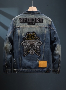 2025新款帽子皮水洗牛仔外套男秋冬季工装夹克休闲帅气翻领外衫衣