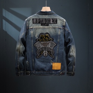 2025新款帽子皮水洗牛仔外套男秋冬季工装夹克休闲帅气翻领外衫衣