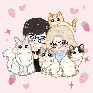 情侣加宠物手绘画像定制卡通微信头像Q版真人彩铅猫咪狗狗卡通画