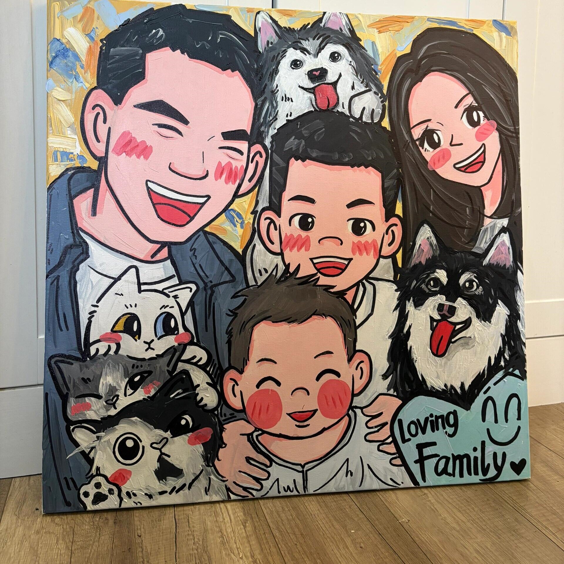 卡通Q版一家四口装饰画定制一家三口油画代画全家福动漫画像设计图片