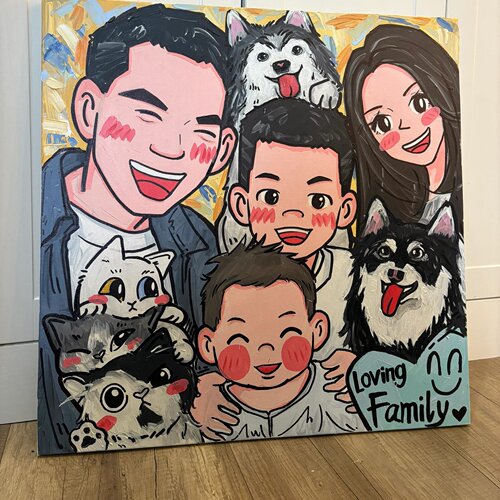 卡通Q版一家四口装饰画定制一家三口油画代画全家福动漫画像设计
