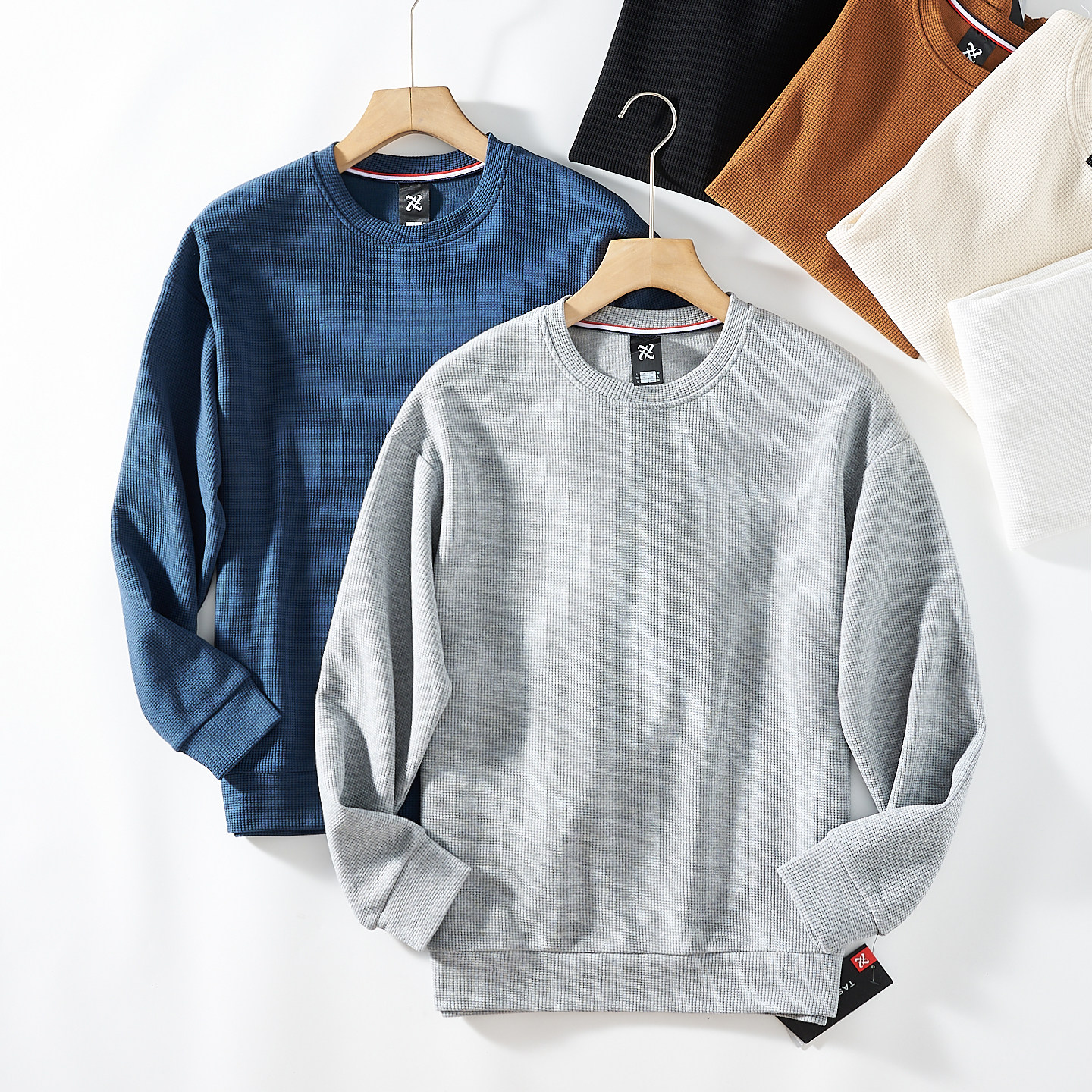 2025日系新款 320g华夫格透气挺括弹力秋冬男百搭休闲圆领卫衣T恤