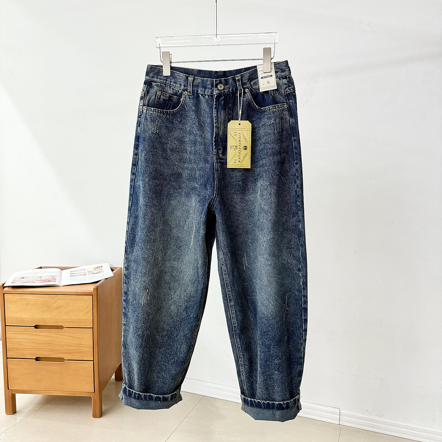 美式纯棉水洗磨白磨破男士春秋新款宽松阔腿直筒锥形休闲牛仔裤潮