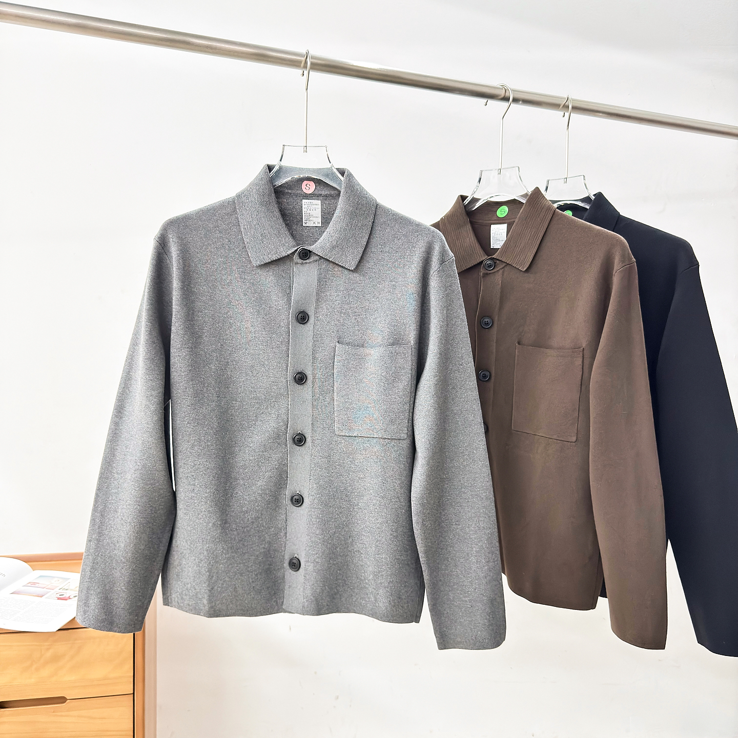 男女同款!日系U高级罗纹衬衫针织开衫春季休闲百搭弹力翻领外套