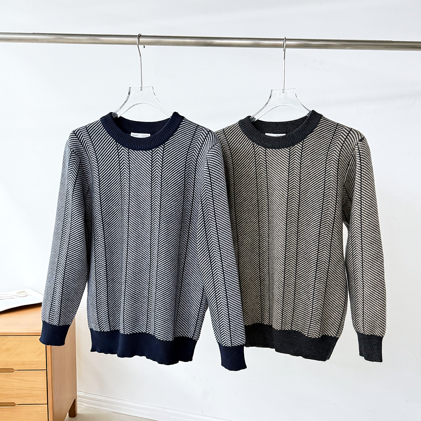 绵羊毛混纺！男女可穿！秋冬外贸男装撞色圆领针织衫打底套头毛衣