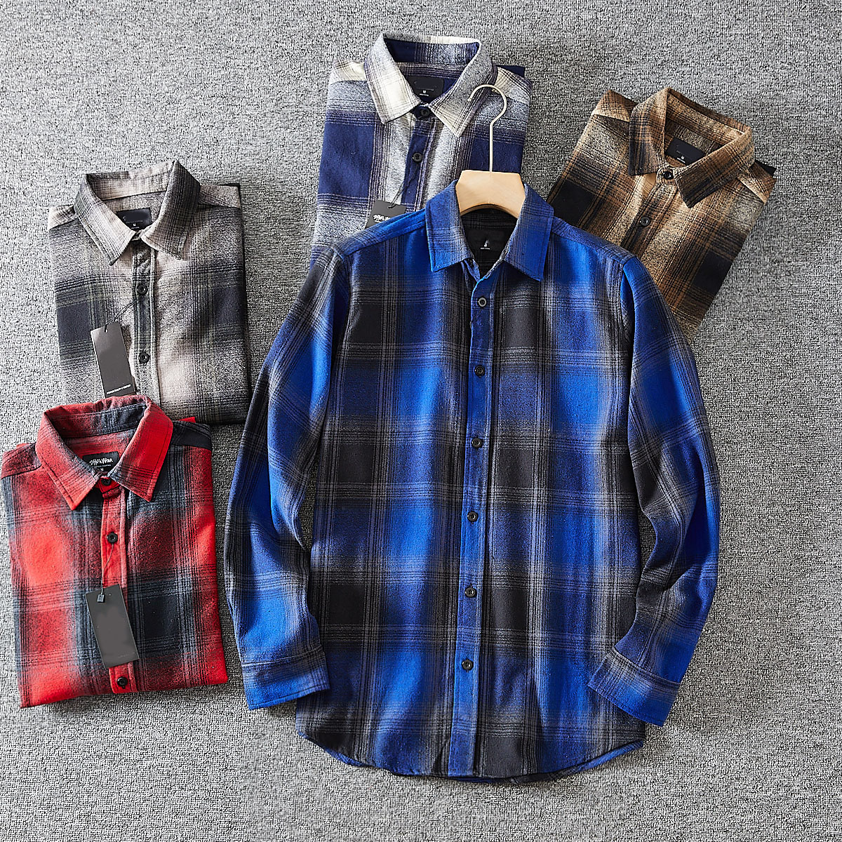 渐变格子！箱装整单！外贸男士春季美式复古宽松休闲长袖衬衫外套