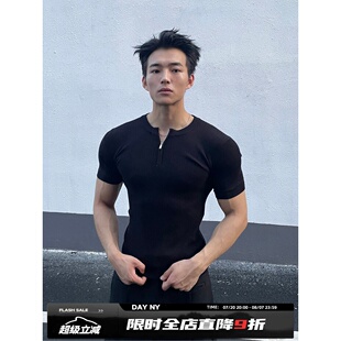 DAYNY美式 男凉感因子科技休闲百搭健身紧身t恤 修身 亨利领针织短袖