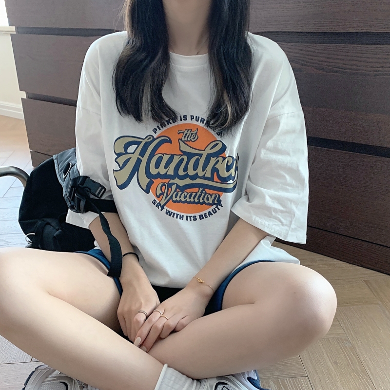夏季新款圓領寬鬆卡通印花字母百搭短袖打底女上衣恤