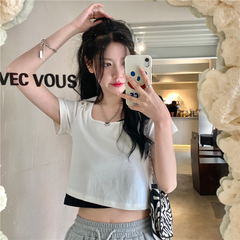 夏季新款圓領不對稱假倆件心機個性短款百搭純色女上衣恤