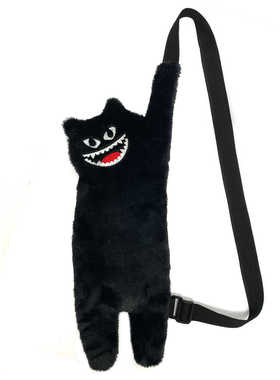 黑猫怪猫咪毛绒斜挎包可爱刺绣笑脸搞怪小众包包女士单肩斜挎包