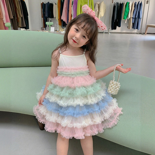尤画2026夏款新款女童多巴胺蓬蓬裙重工吊带裙68489