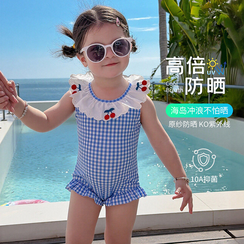 水手宝宝儿童泳衣连体樱桃蕾丝新款洋气高级感新款女童防晒3816