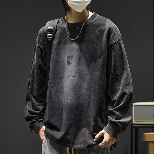 美式街头潮牌做旧水洗纯棉卫衣男春秋季新款宽松休闲长袖T恤上衣